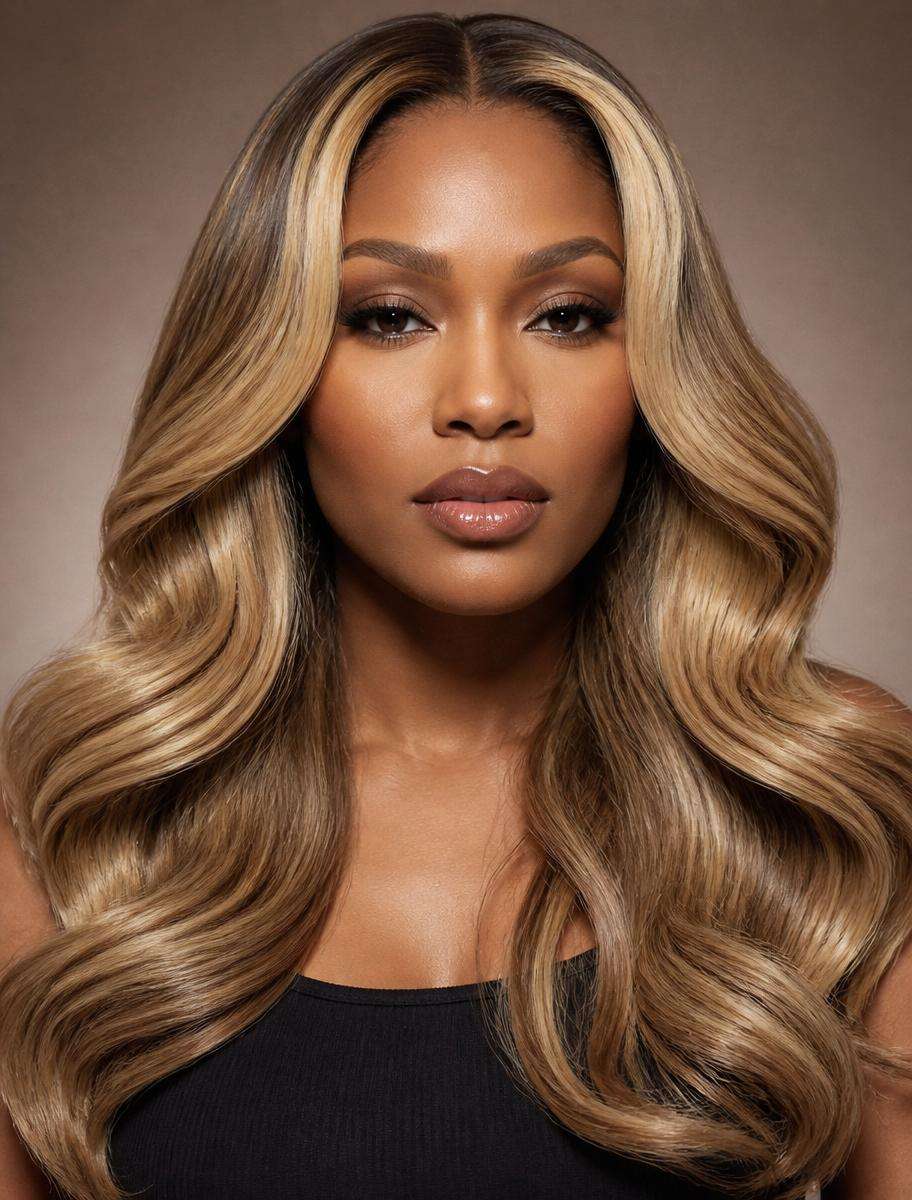 Shopper wearing the sunlit balayage wig