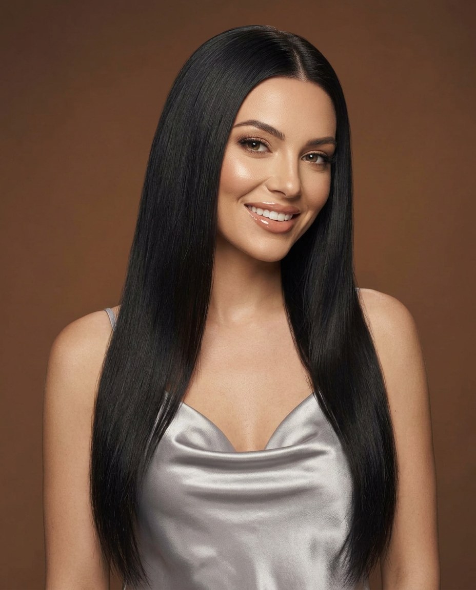 Shopper wearing the peruvian silk straight wig